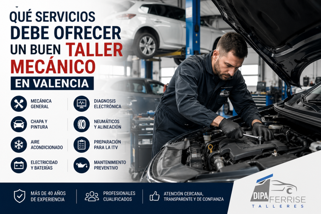 Taller mecánico en Valencia ofreciendo servicios de mecánica, chapa y pintura y neumáticos.