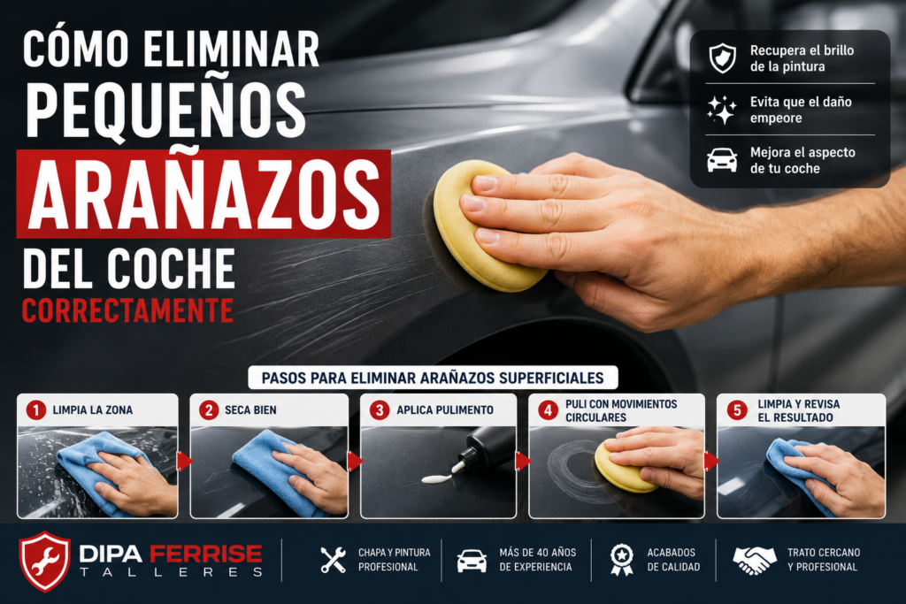 Eliminación de pequeños arañazos en la carrocería de un coche con un acabado profesional.