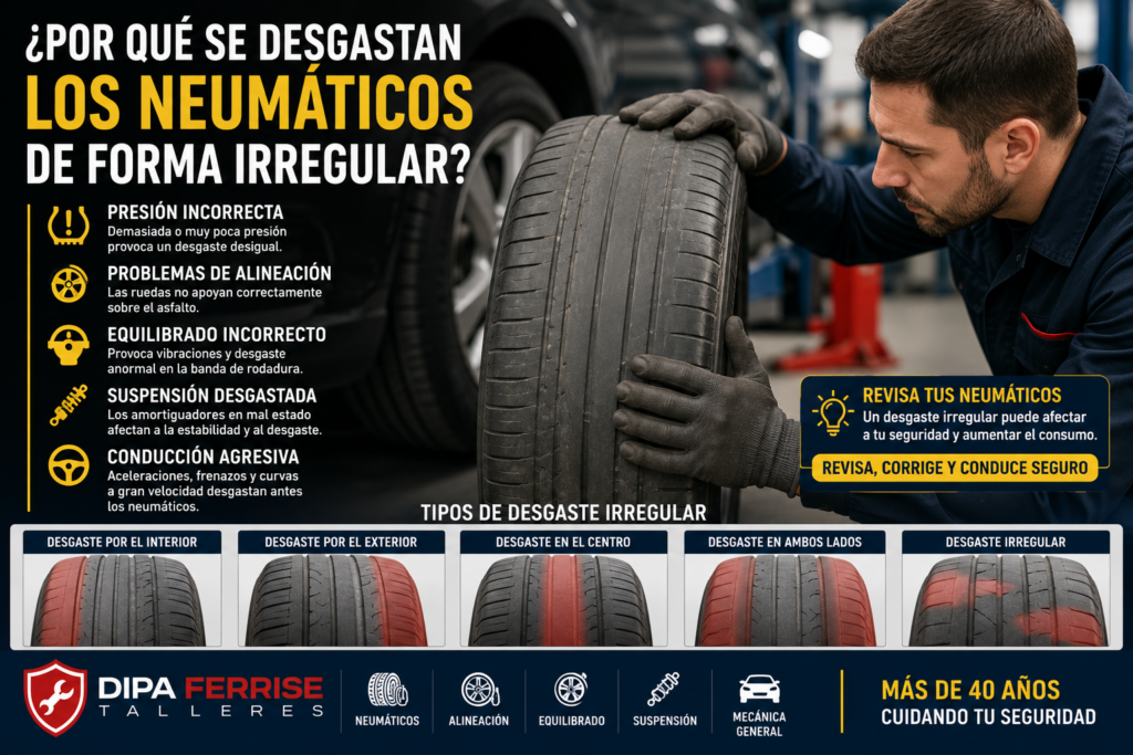 Desgaste irregular de un neumático revisado por un mecánico en un taller de Valencia.