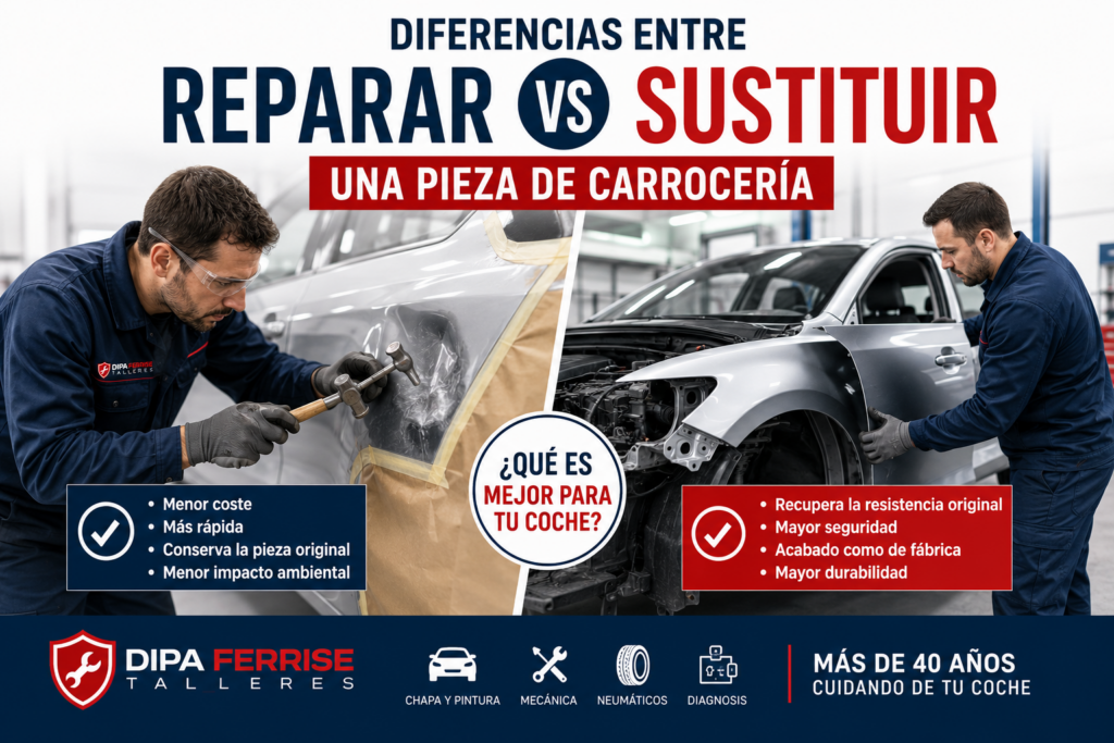 Mecánico evaluando si reparar o sustituir una pieza de la carrocería de un coche tras un golpe.