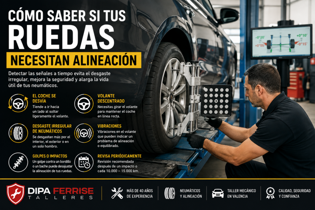 Mecánico comprobando la alineación de las ruedas de un coche en un taller especializado.