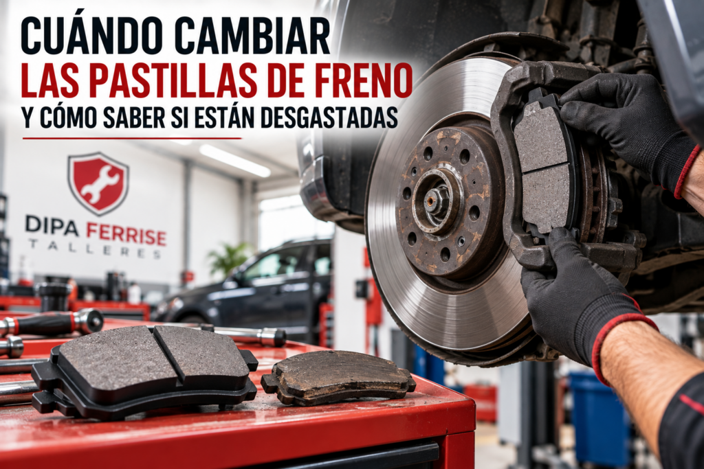 Revisión de las pastillas de freno de un coche en un taller mecánico.