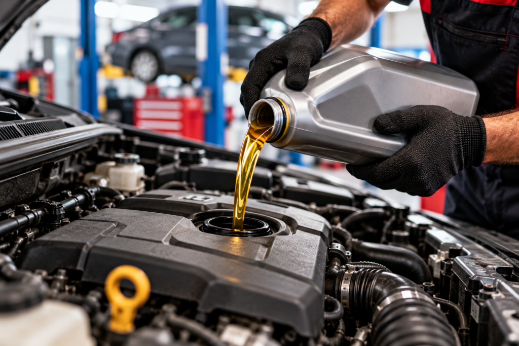 Mantenimiento y revisión del aceite del motor en un taller mecánico en Valencia