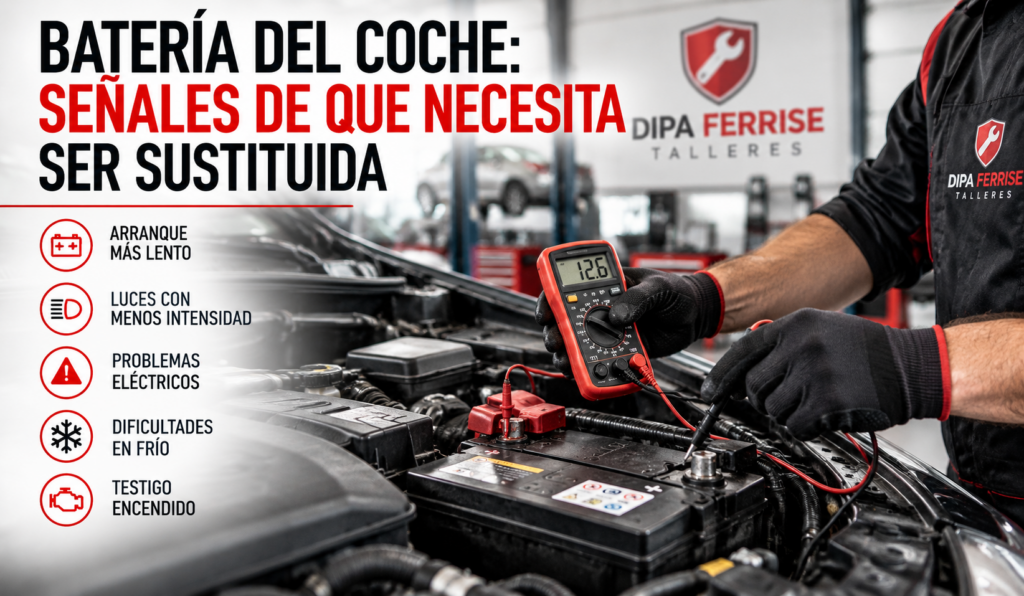 Mecánico comprobando el estado de la batería de un coche en un taller.